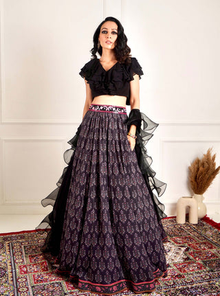 Imaara black ruffled blouse and lehenga set