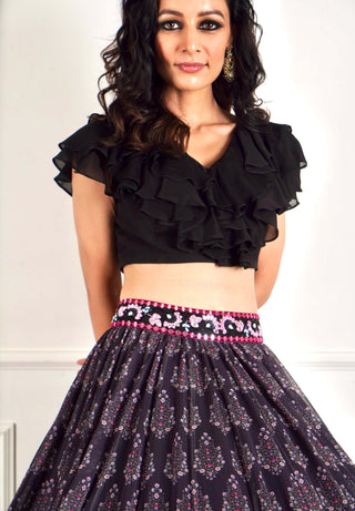 Imaara black ruffled blouse and lehenga set