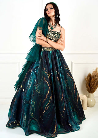 Meesha green marble print lehenga set