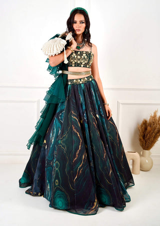 Meesha green marble print lehenga set