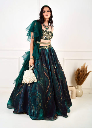 Meesha green marble print lehenga set