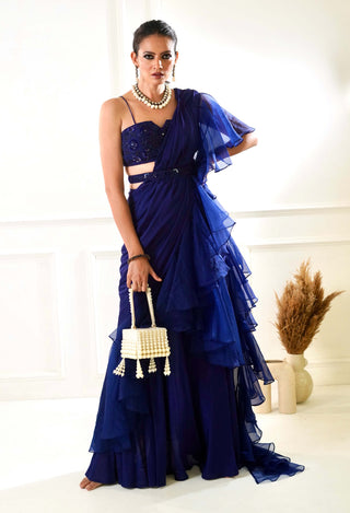 Nikasha navy ruffle saree set