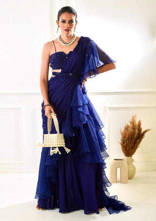 Nikasha navy ruffle saree set