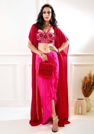 Shirin maroon pink drape skirt and cape set