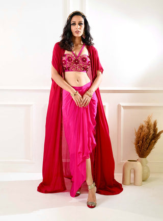 Shirin maroon pink drape skirt and cape set