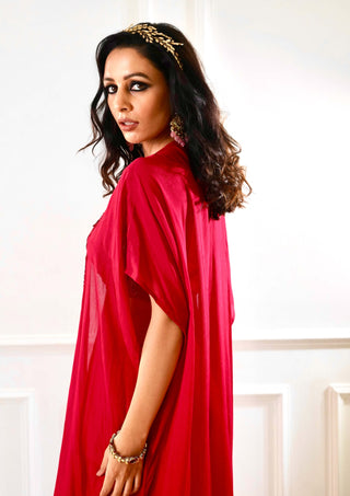 Shirin maroon pink drape skirt and cape set