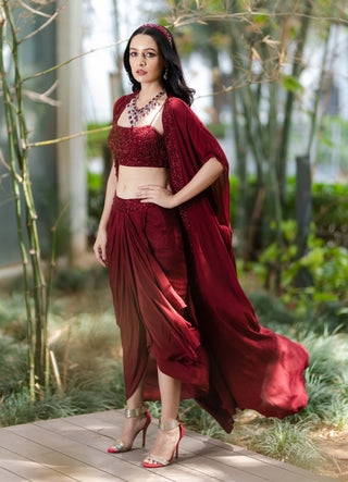 Arna maroon drape skirt and cape set