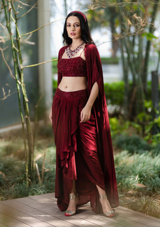 Arna maroon drape skirt and cape set