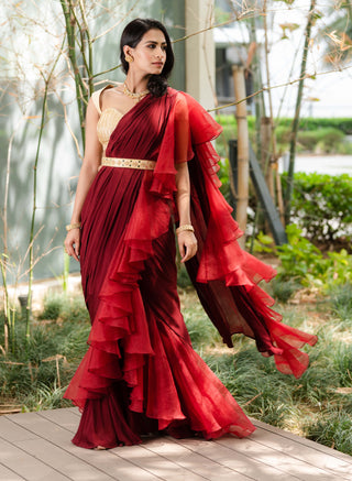 Lasha maroon draped ruffle saree set