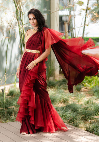 Lasha maroon draped ruffle saree set