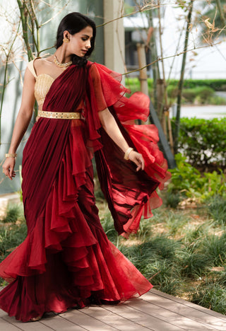 Lasha maroon draped ruffle saree set