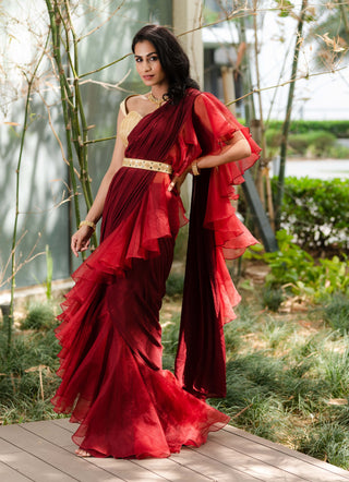 Lasha maroon draped ruffle saree set