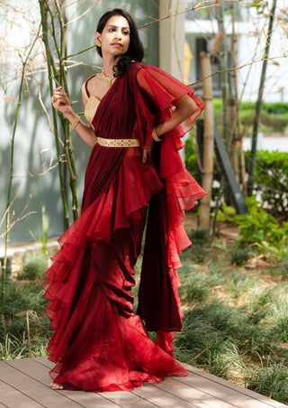 Lasha maroon draped ruffle saree set