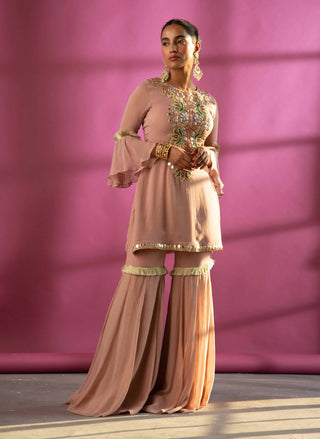 Dark rosegold gota patti short tunic and garara set