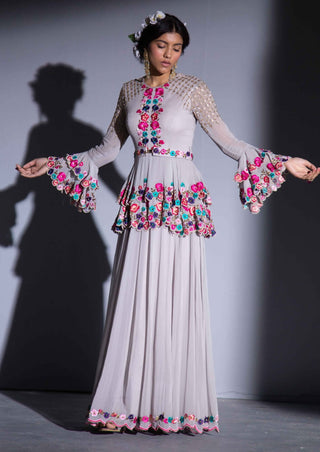 Gray peplum anarkali and sharara set