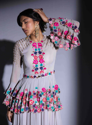 Gray peplum anarkali and sharara set