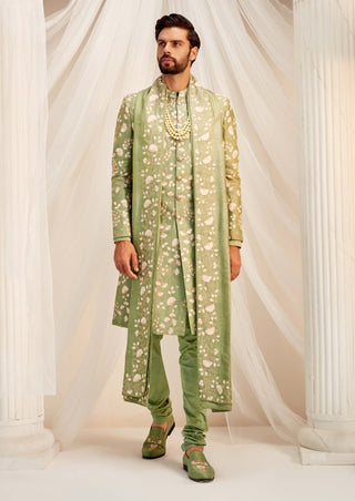 Jade green resham sherwani set