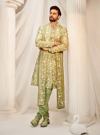 Jade green resham sherwani set