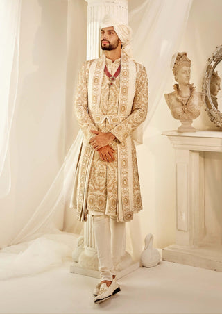 Ivory raw silk embroidered sherwani set