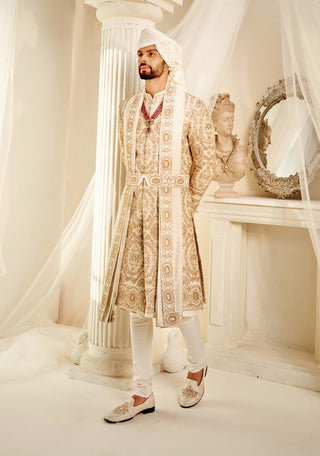 Ivory raw silk embroidered sherwani set