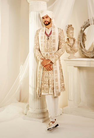 Ivory raw silk embroidered sherwani set