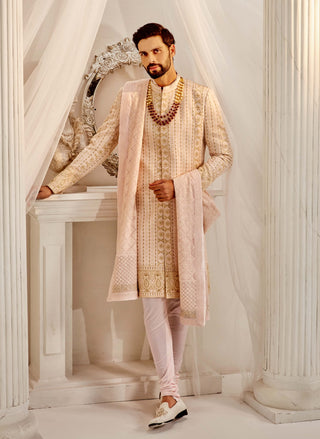 Powder peach lucknawi sherwani set