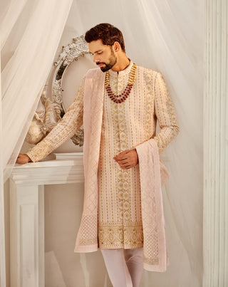 Powder peach lucknawi sherwani set