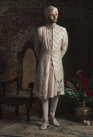 Powder peach peacock sherwani set