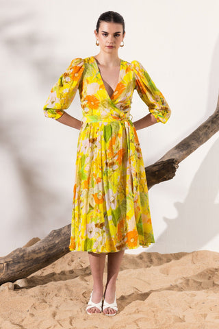 Yellow ahana wrap midi dress