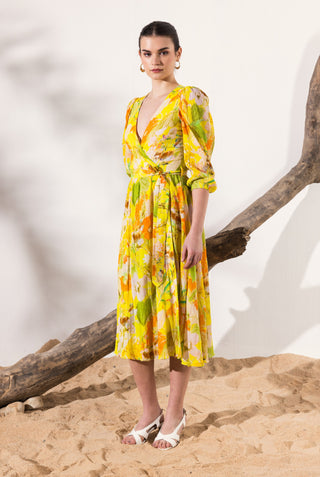 Yellow ahana wrap midi dress