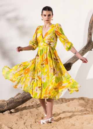 Yellow ahana wrap midi dress