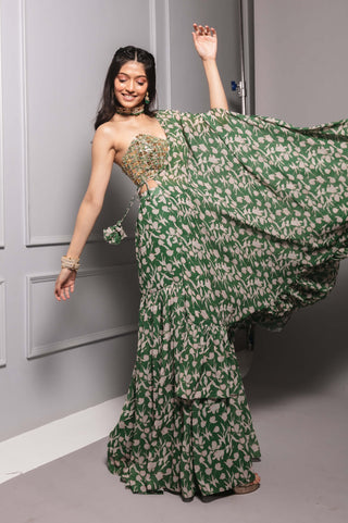 Green printed sharara and cape set