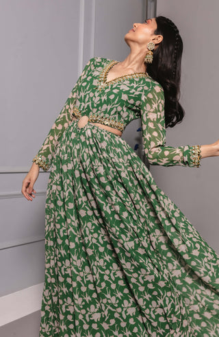 Green cut out printed anarkali