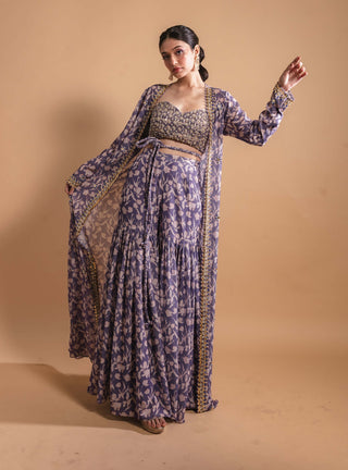 Purple printed sharara and jacket set