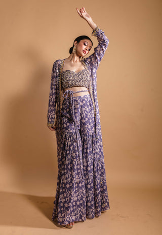 Purple printed sharara and jacket set