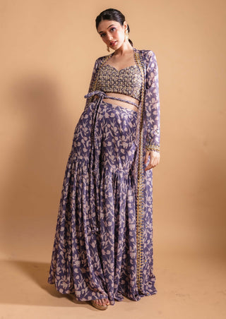 Purple printed sharara and jacket set