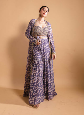 Purple printed sharara and jacket set