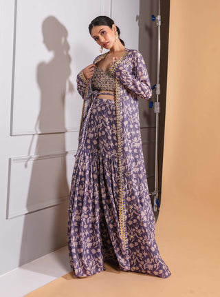 Purple printed sharara and jacket set