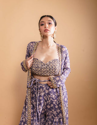 Purple printed sharara and jacket set