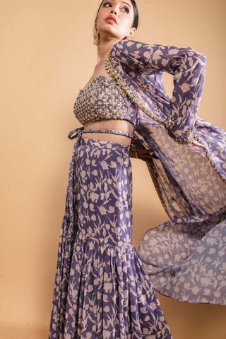 Purple printed sharara and jacket set