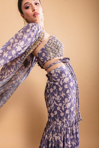 Purple printed sharara and jacket set