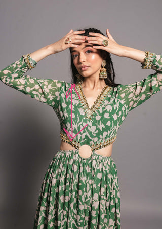 Green cut out printed anarkali