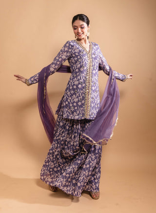 Purple print sharara and short top set