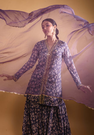 Purple print sharara and short top set