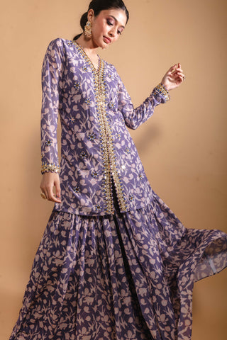 Purple print sharara and short top set