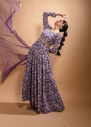 Purple printed anarkali and dupatta