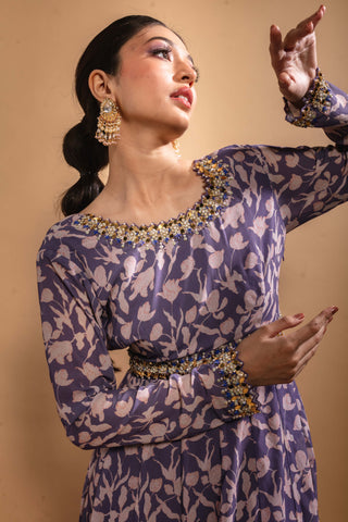 Purple printed anarkali and dupatta