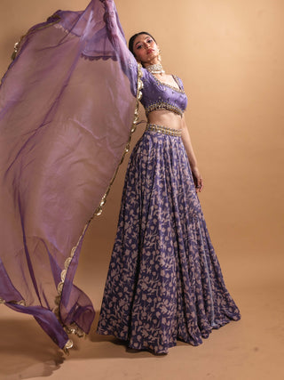 Purple printed georgette lehenga set