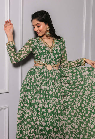 Green cut out printed anarkali