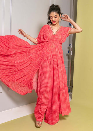 Pink print layered kaftan and wide pants